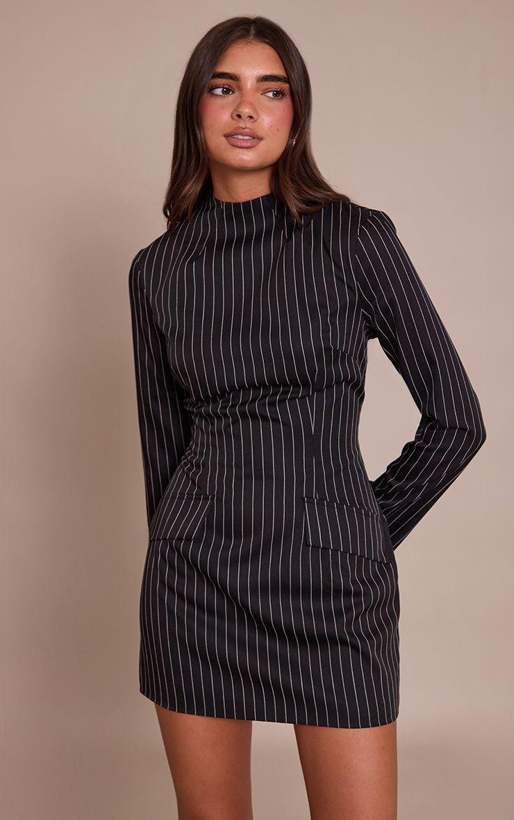 Pinstripe High Neck Flute Sleeve Bodycon Dress by PRETTYLITTLETHING