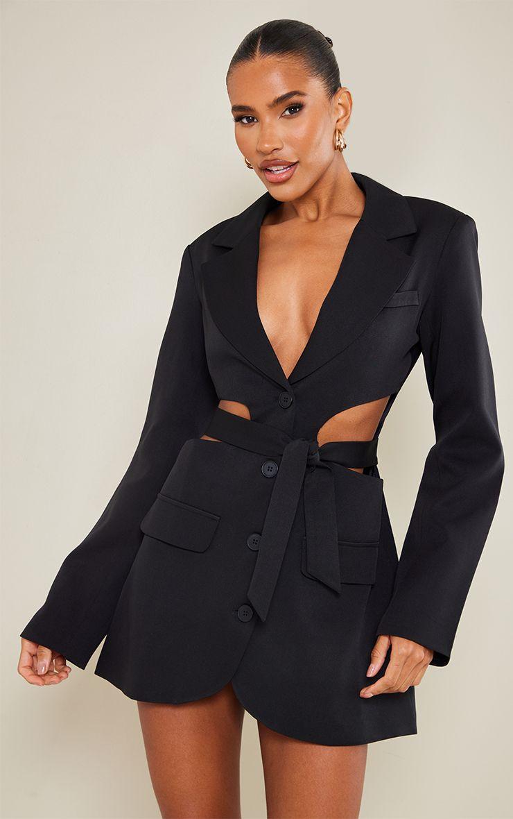 Plunge Side Cut Out Tie Detail Blazer Dress by PRETTYLITTLETHING