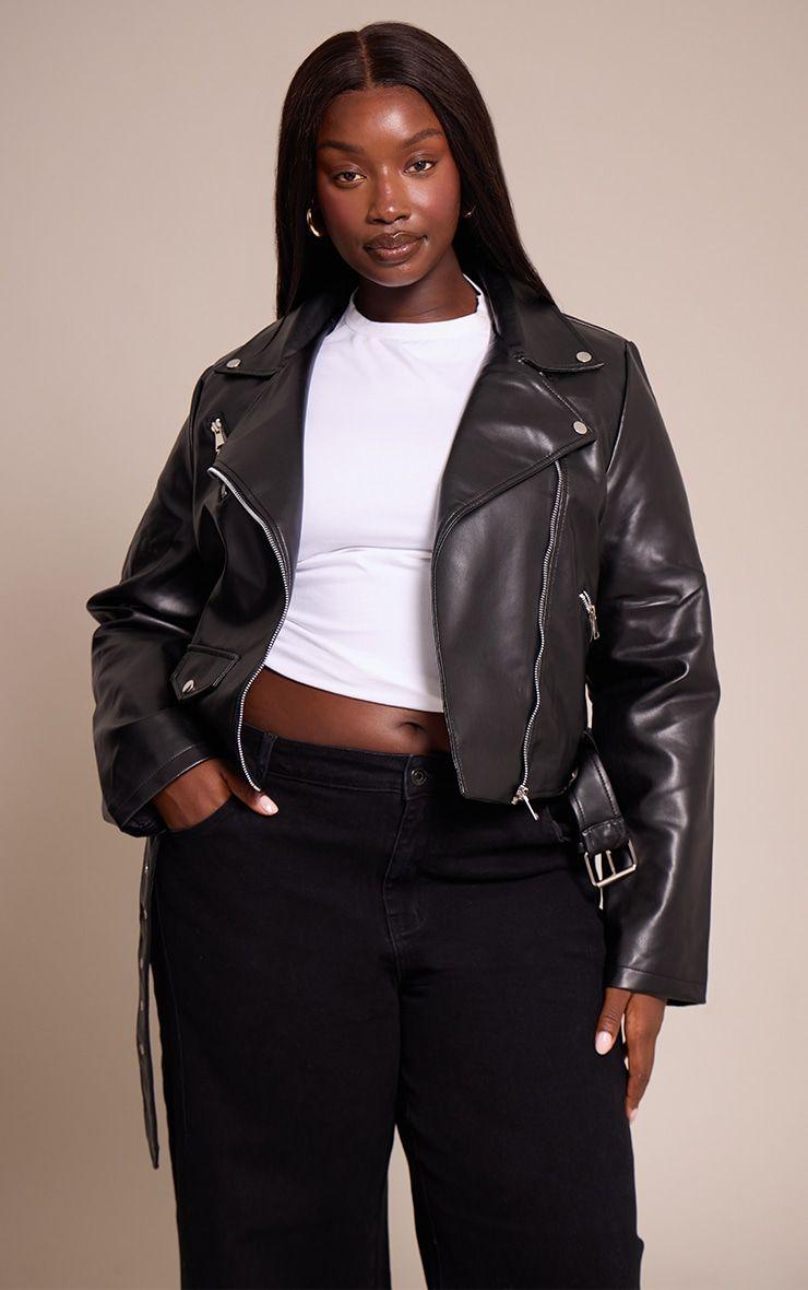 Plus Black Faux Leather Zip Detail Biker Jacket by PRETTYLITTLETHING