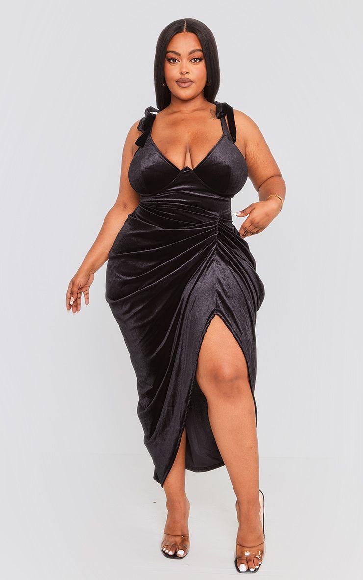 Plus Black Velvet Underwire Detail Draped Midi Dress by PRETTYLITTLETHING Plus Black Velvet Underwire Detail Draped Midi Dress by PRETTYLITTLETHING