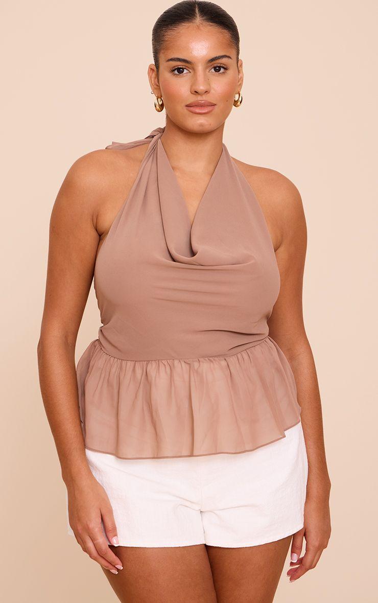 Plus  Chiffon Cowl Peplum Hem Halterneck Top by PRETTYLITTLETHING