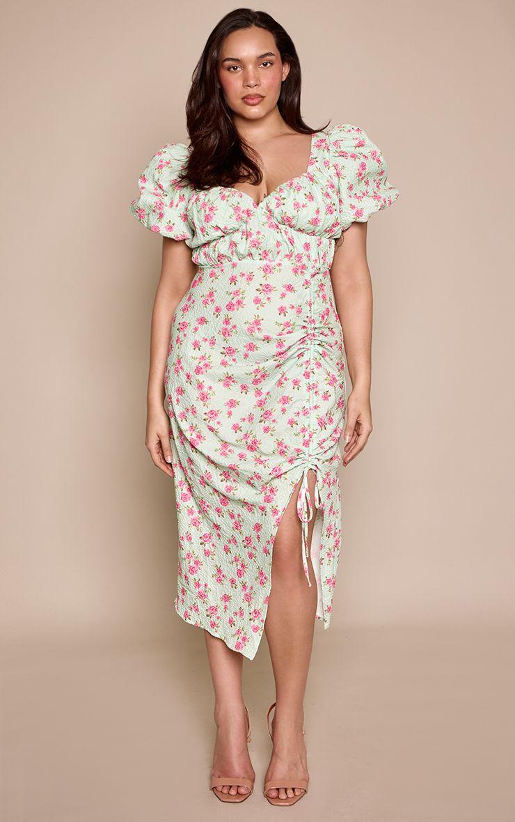 Plus  Floral Puff Sleeve Ruched Split Side Midi Dress by PRETTYLITTLETHING