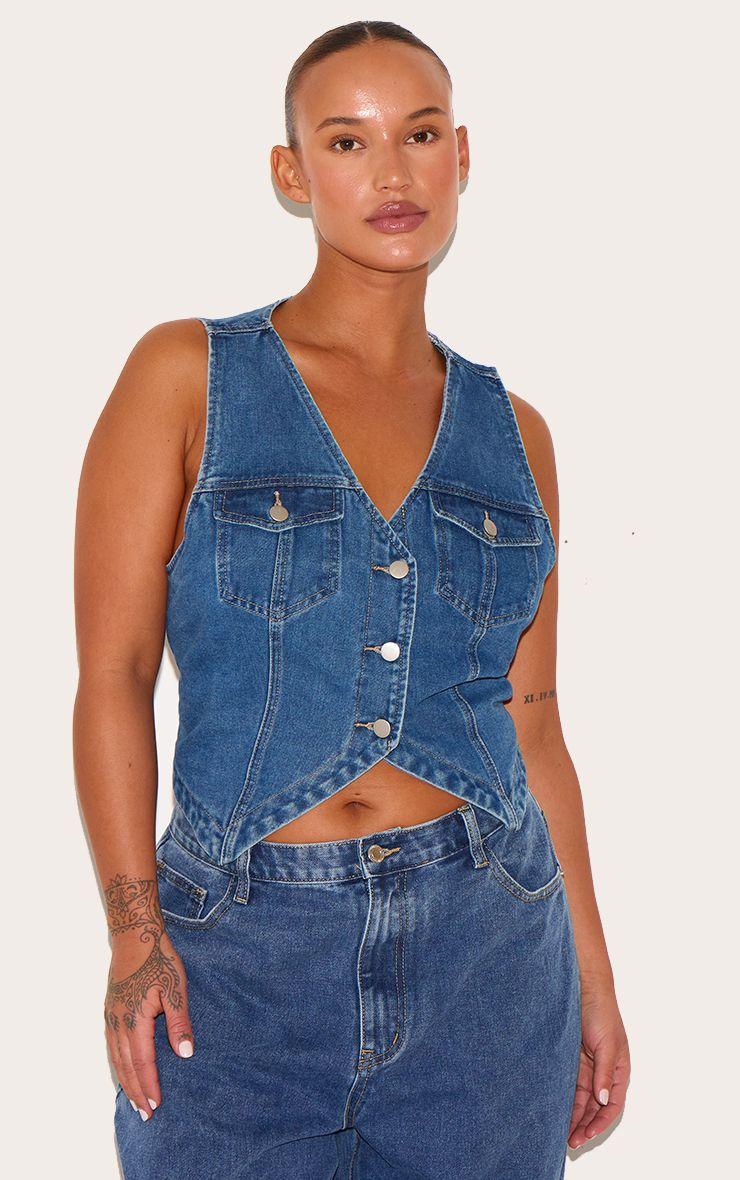 Plus  Halterneck Button Front Denim Waistcoat by PRETTYLITTLETHING