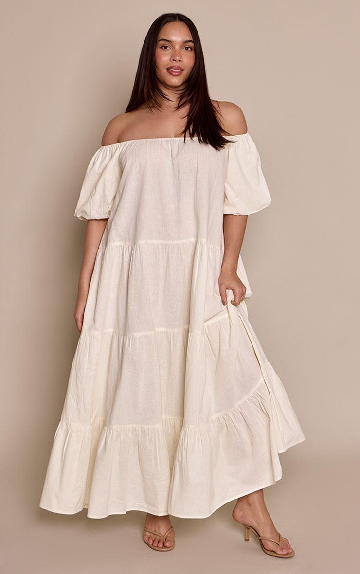 Plus  Linen Look Bardot Tiered Maxi Dress by PRETTYLITTLETHING