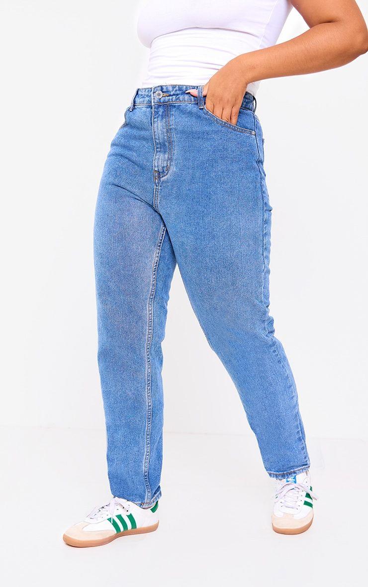 Plus Mid Washed Mom Jeans, Mid Blue Wash by PRETTYLITTLETHING
