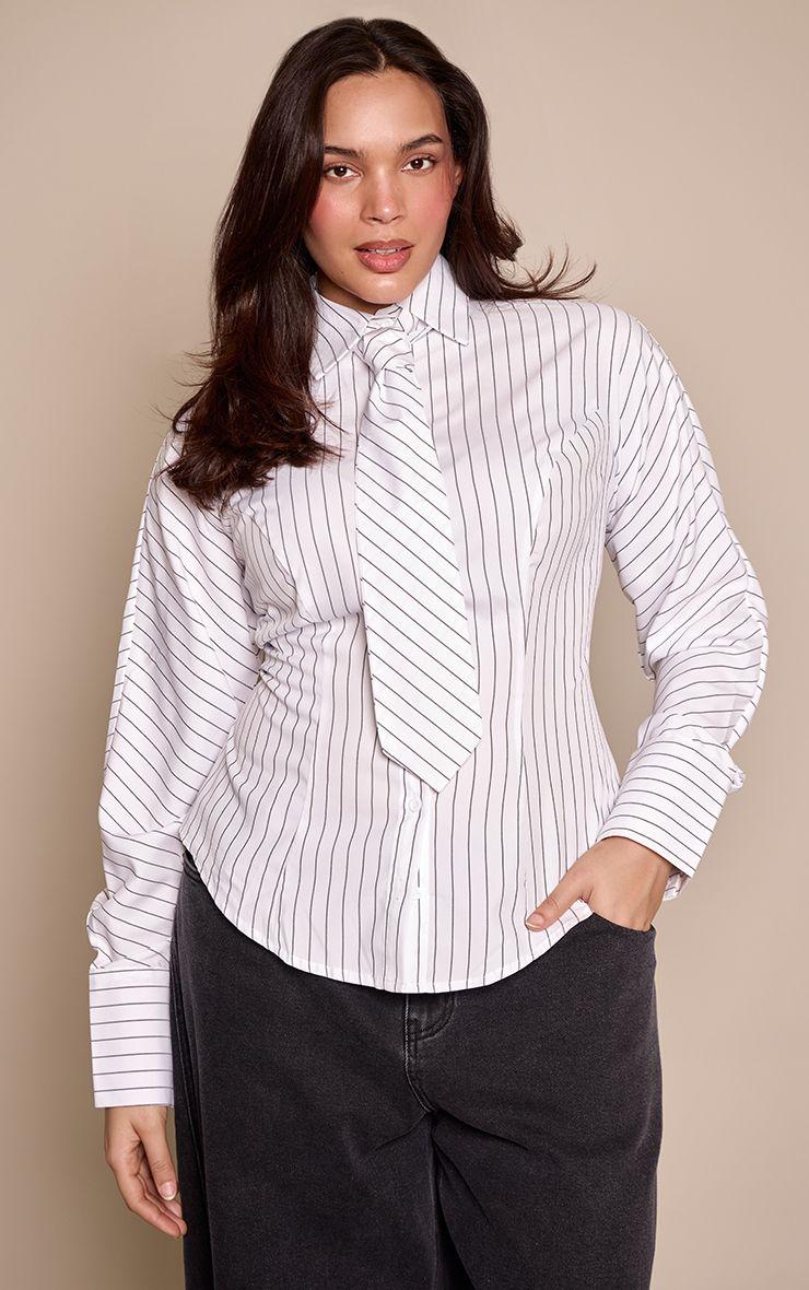 Plus  Pinstripe Tie Detail Cinched Waist Shirt by PRETTYLITTLETHING