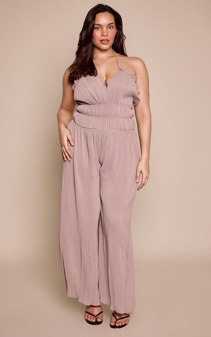 Plus  Plisse Halterneck Wide Leg Jumpsuit by PRETTYLITTLETHING
