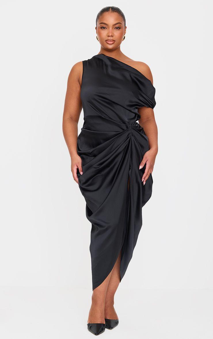 Plus  Satin Off The Shoulder Draped Skirt Midi Dress by PRETTYLITTLETHING