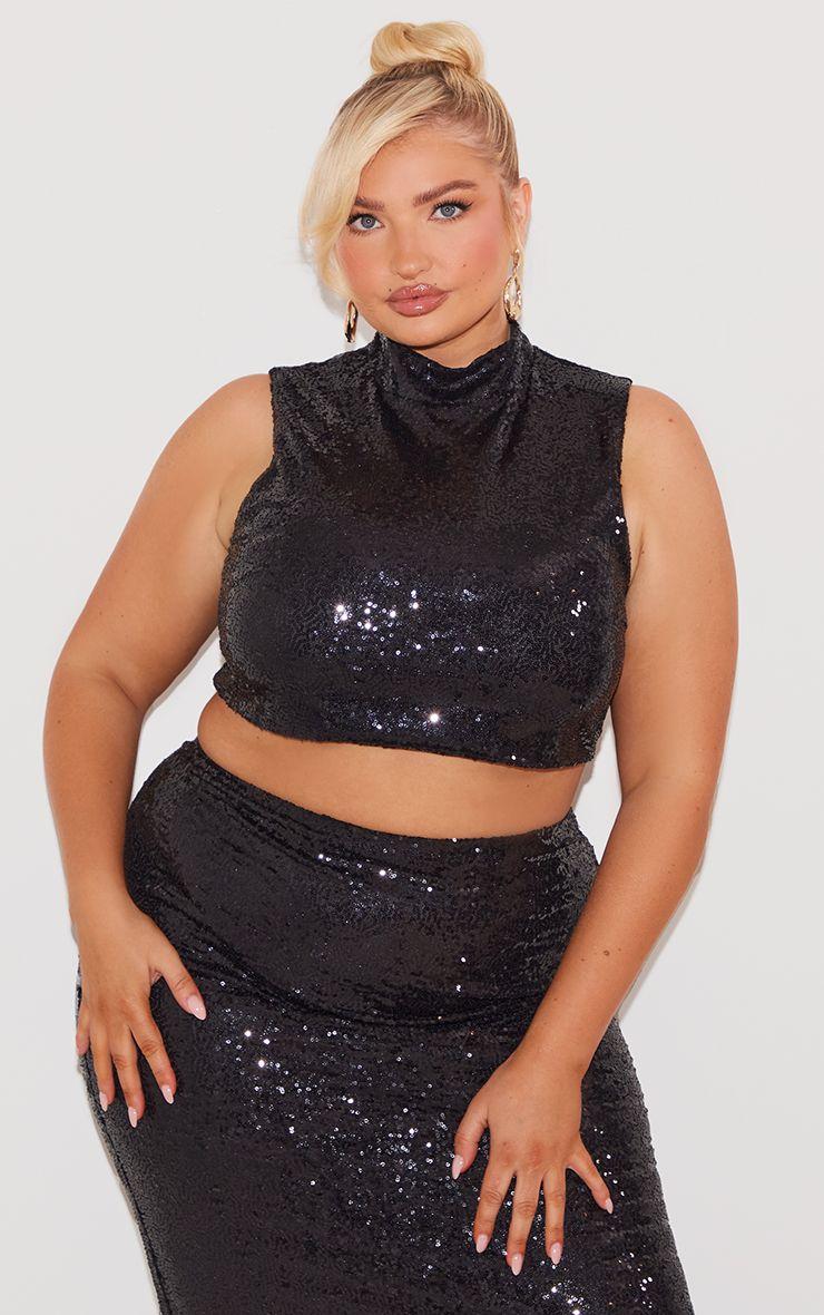 Plus  Sequin High Neck Crop Top Co-ord by PRETTYLITTLETHING