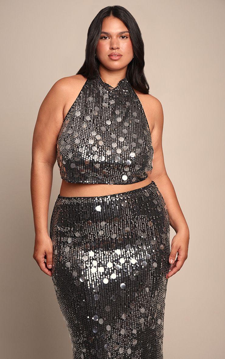 Plus  Sequin High Neck Scoop Back Crop Top Co-ord by PRETTYLITTLETHING