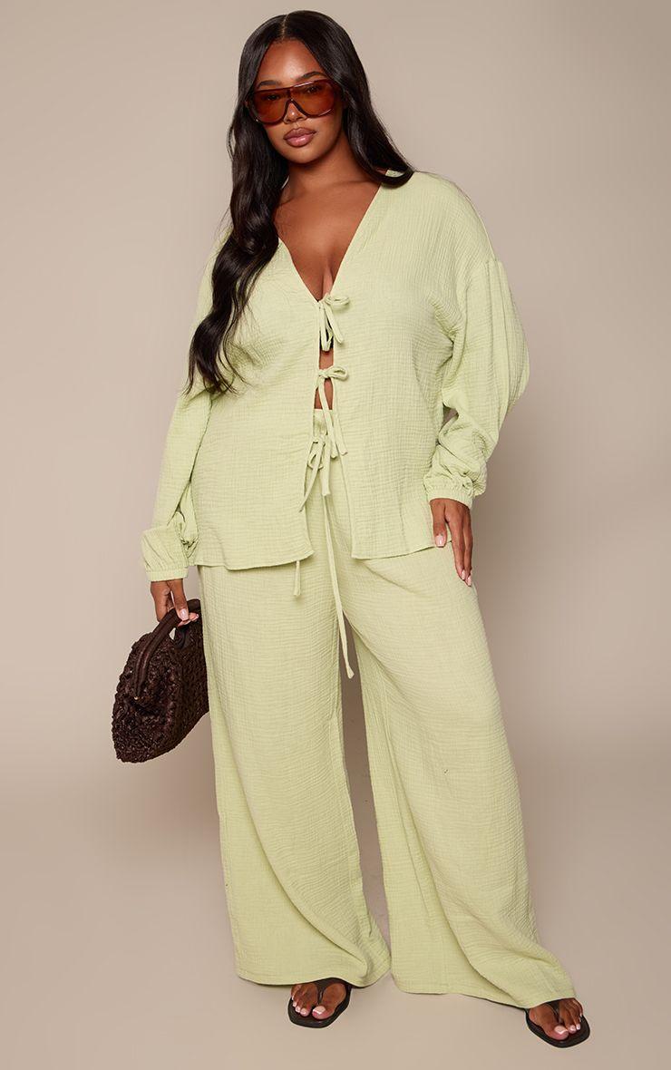 Plus  Textured Cheesecloth Wide Leg Trousers Co-ord by PRETTYLITTLETHING