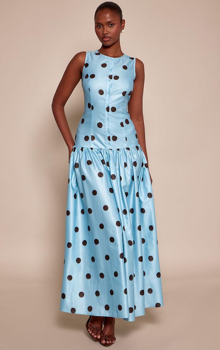 Polka Dot Button Down Drop Waist Maxi Dress by PRETTYLITTLETHING