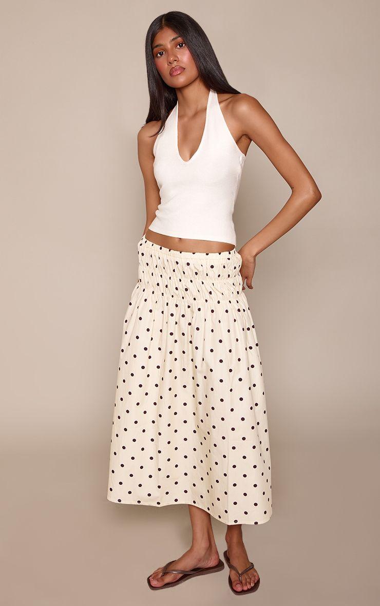 Polka Dot Cotton Shirred Drop Waist Midi Skirt by PRETTYLITTLETHING