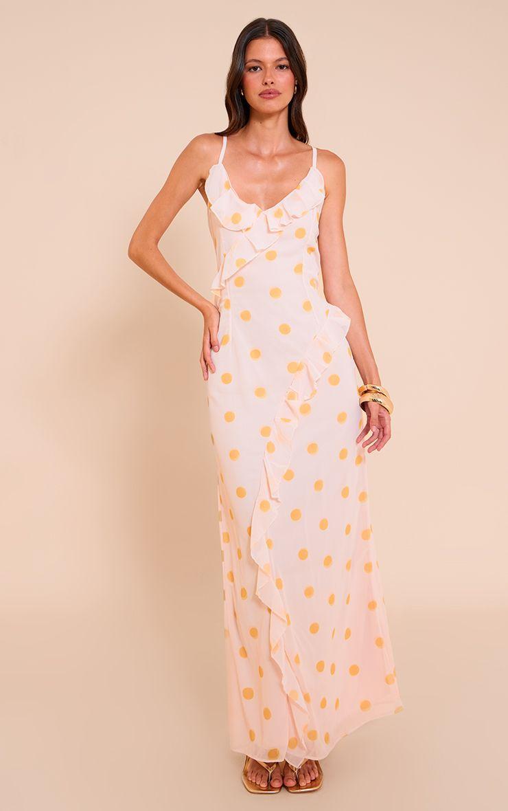 Polka Dot Printed Chiffon Frill Details Strappy Maxi Dress by PRETTYLITTLETHING