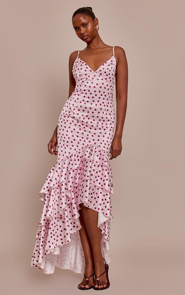 Polka Dot Satin Plunge Extreme Frill Hem Maxi Dress by PRETTYLITTLETHING