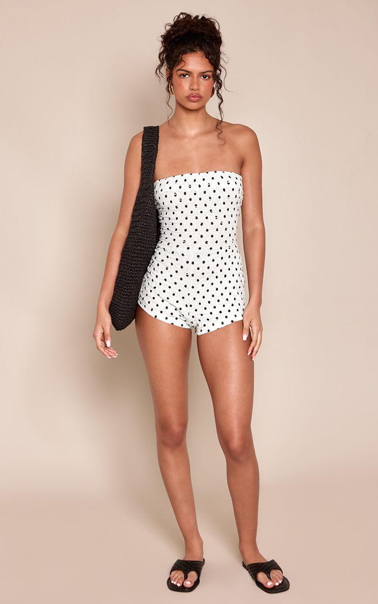 Polka Dot Textured Bandeau Unitard by PRETTYLITTLETHING