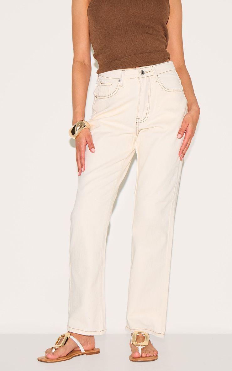 PrettyLittleThing Petite Ecru High Waist Straight Leg Jeans by PRETTYLITTLETHING