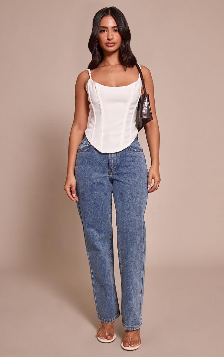 PrettyLittleThing Petite Mid Blue Wash Straight Leg High Waist Jeans by PRETTYLITTLETHING