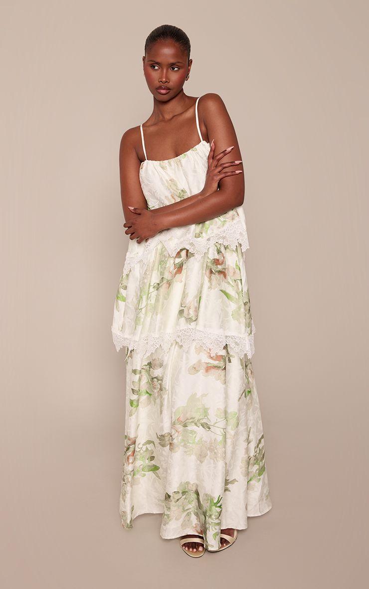 Printed Lace Tiered Strappy Maxi Dress by PRETTYLITTLETHING