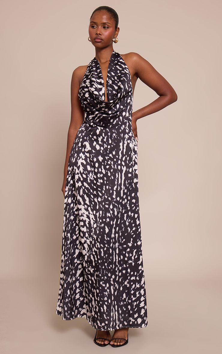 Printed Satin Cowl Neck Maxi Dress by PRETTYLITTLETHING