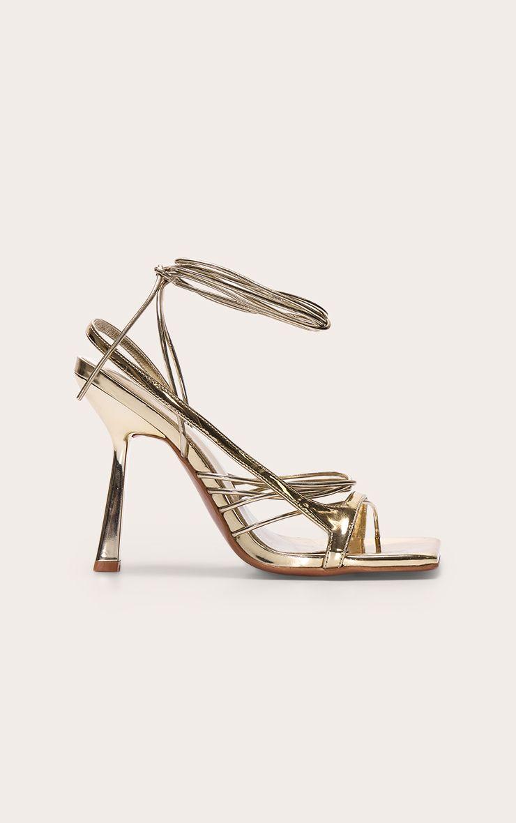 Pu Square Toe Asymmetric Strappy Lace Up High Heel Sandals by PRETTYLITTLETHING