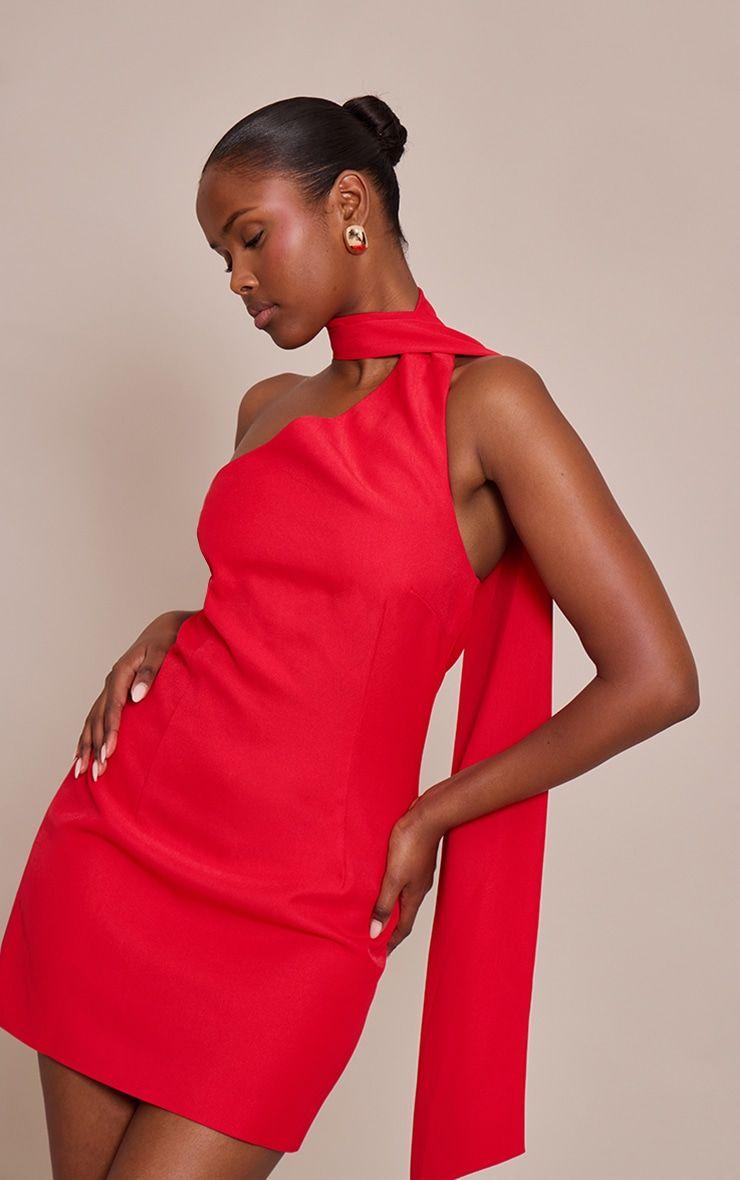 Red Woven Asymmetric Scarf Detail Mini Dress by PRETTYLITTLETHING