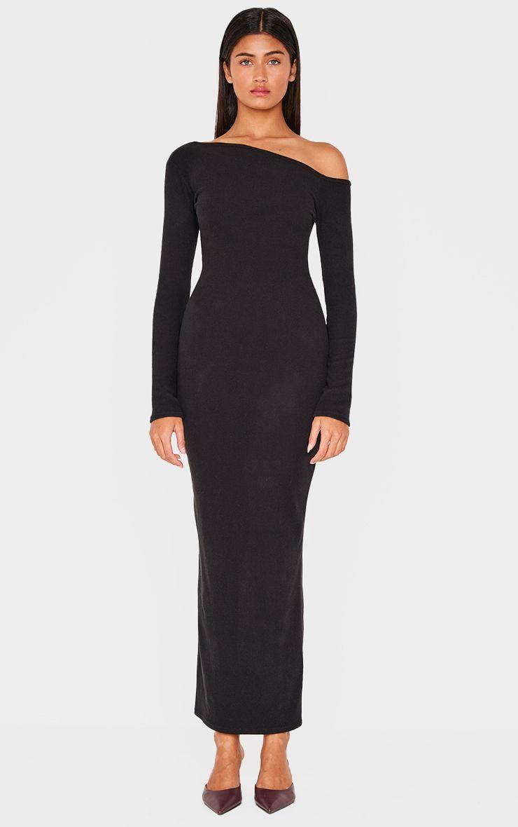 Ribbed Bardot Long Sleeve Maxi Dress by PRETTYLITTLETHING