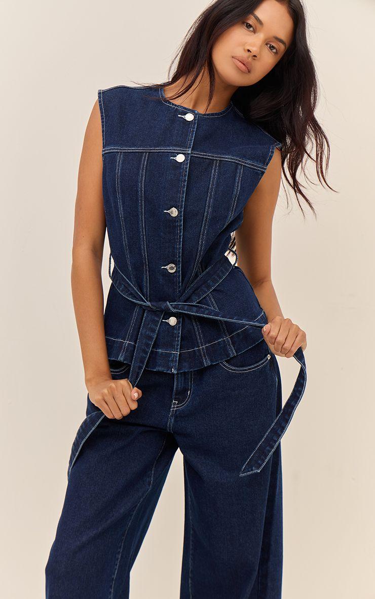Round Neck Cinch Belted Denim Top by PRETTYLITTLETHING