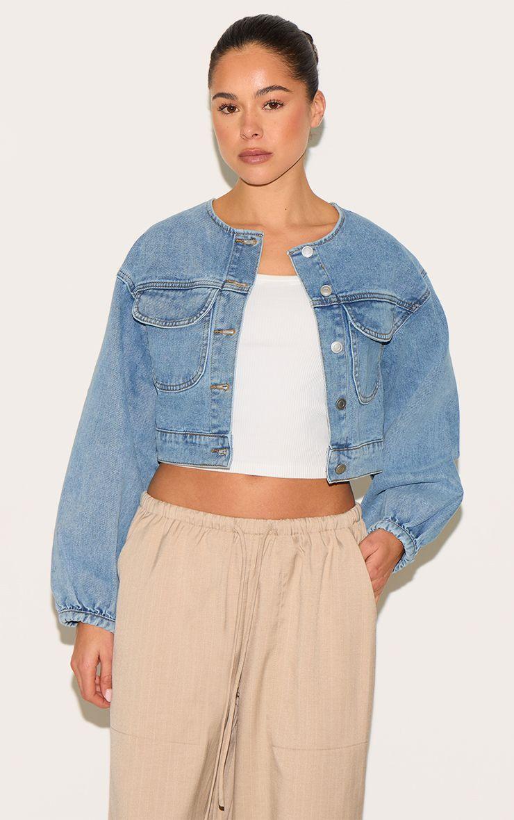 Round Neck Crop Denim Jacket by PRETTYLITTLETHING