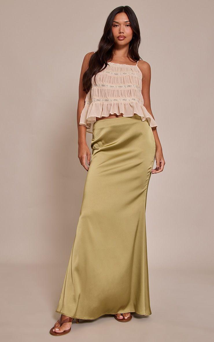 Sage Khaki Satin Floaty Maxi Skirt, Green by PRETTYLITTLETHING Sage Khaki Satin Floaty Maxi Skirt, Green by PRETTYLITTLETHING