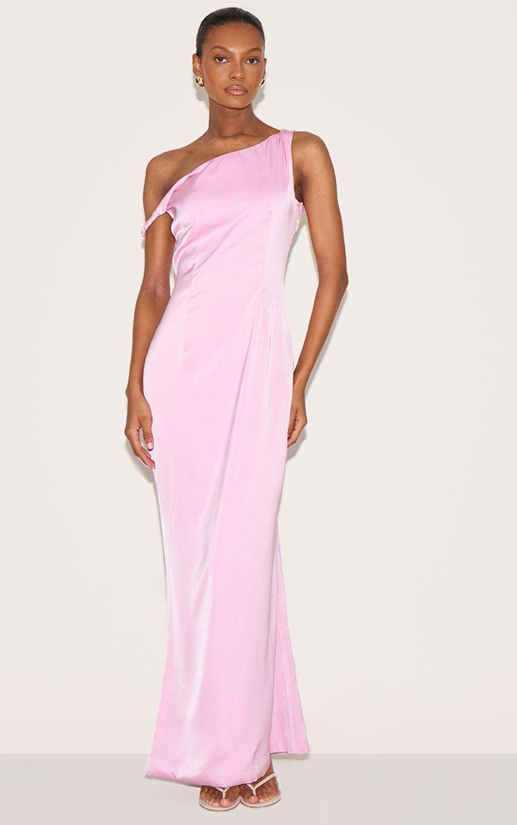 Satin Asymmetric Bardot Twist Maxi Dress by PRETTYLITTLETHING