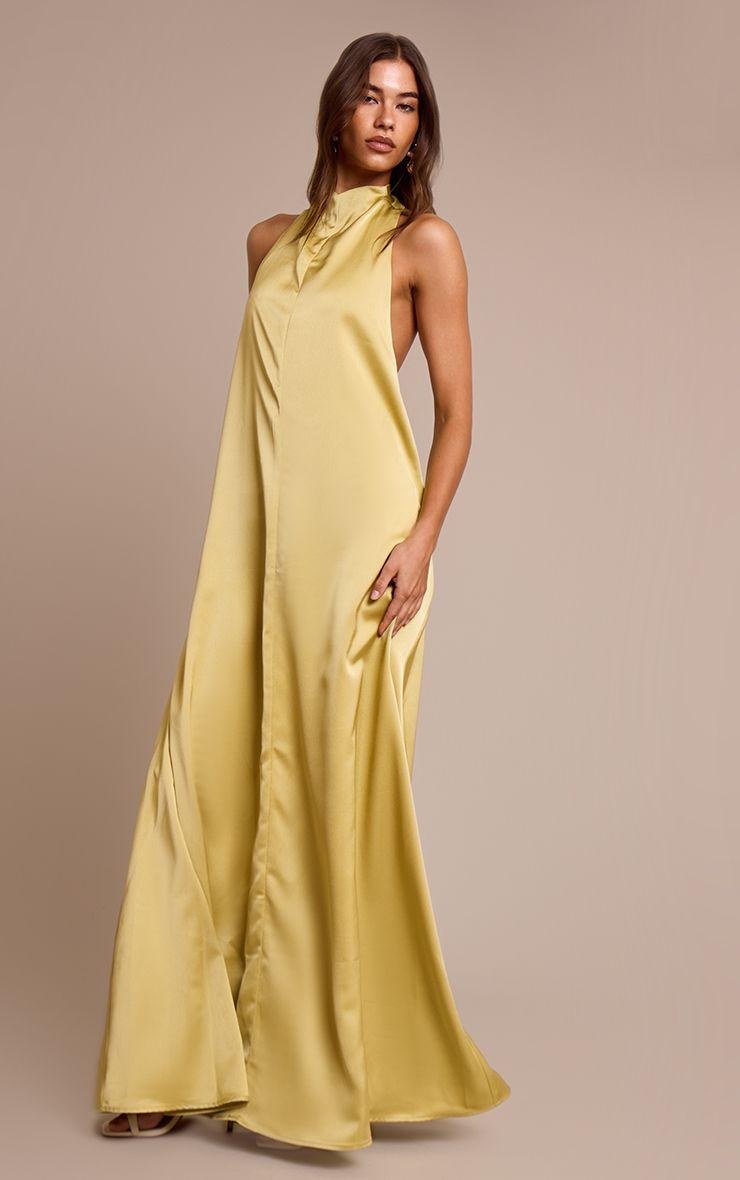Satin High Neck Scoop Extreme Low Back Maxi Dress by PRETTYLITTLETHING