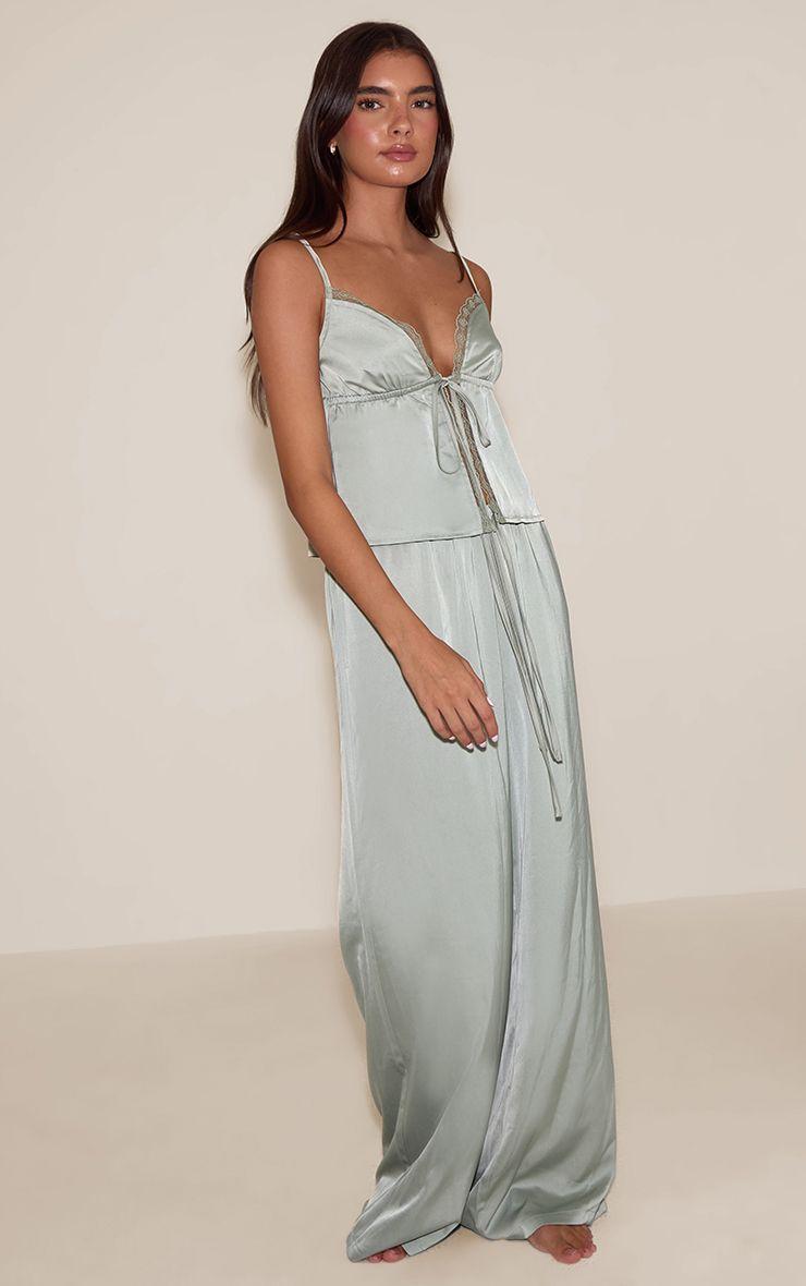 Satin Lace Detail Tie Front Cami PJ Set by PRETTYLITTLETHING