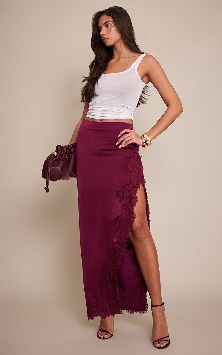 Satin Lace Side Split Maxi Skirt by PRETTYLITTLETHING