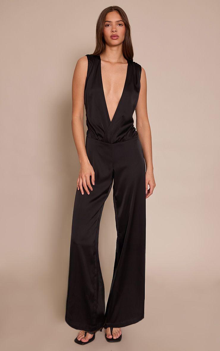 Satin Plunge Dropped Waist Jumpsuit by PRETTYLITTLETHING