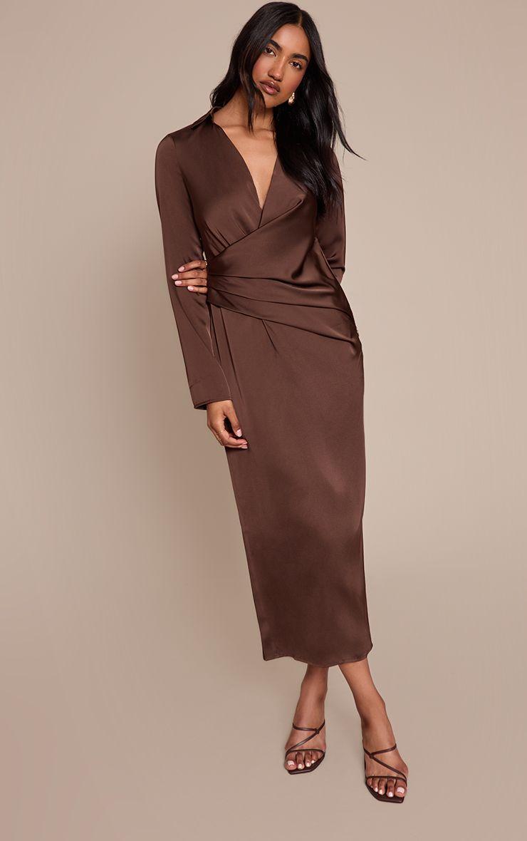 Satin Ruched Detail Long Sleeve Midaxi Dress by PRETTYLITTLETHING