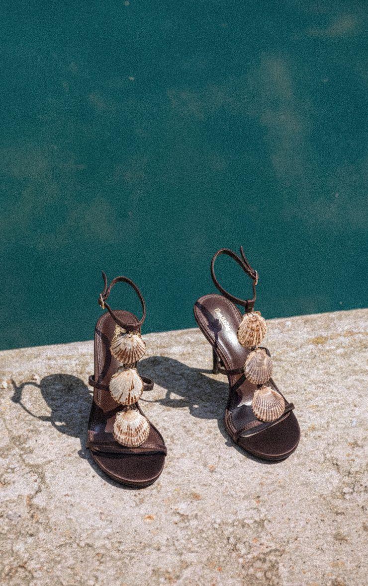 Satin Shell Trim Caged Heeled Sandals by PRETTYLITTLETHING
