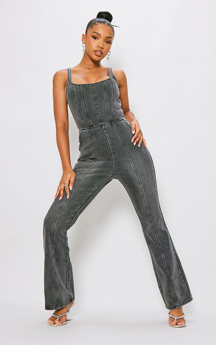 Seam Detail Bodice Flared Denim Jumpsuit by PRETTYLITTLETHING