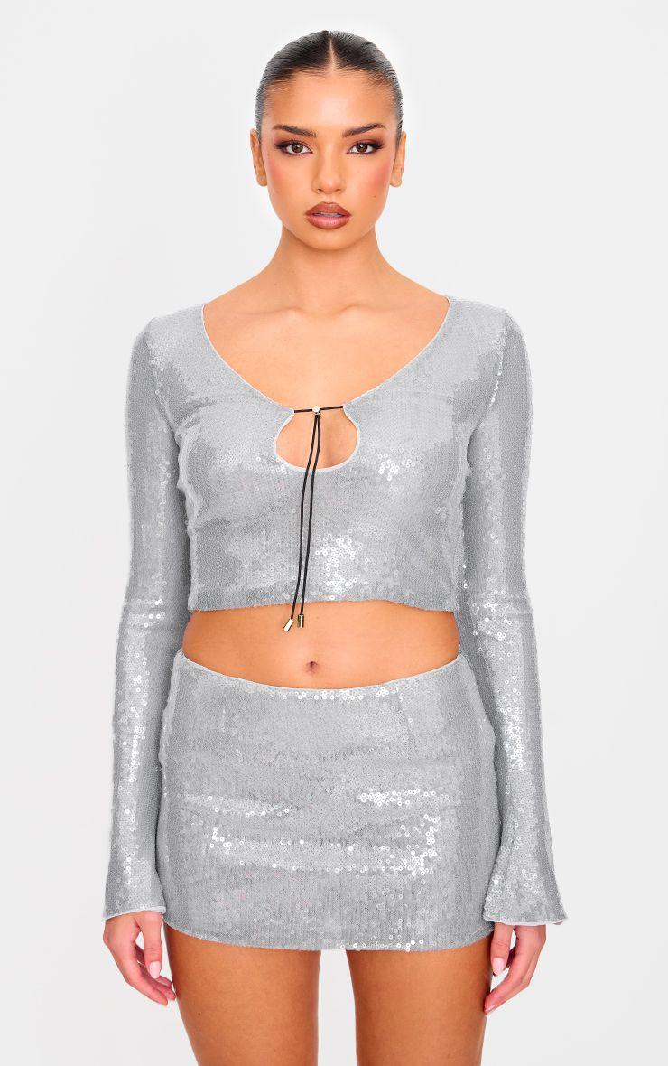 Sequin Long Sleeve Tie Front Top Co-ord by PRETTYLITTLETHING