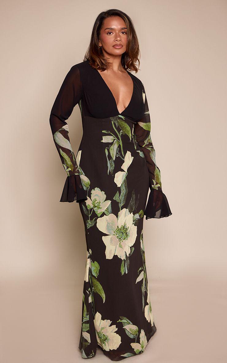 Shape  Floral Print Flute Sleeve Deep Plunge Maxi Dress by PRETTYLITTLETHING