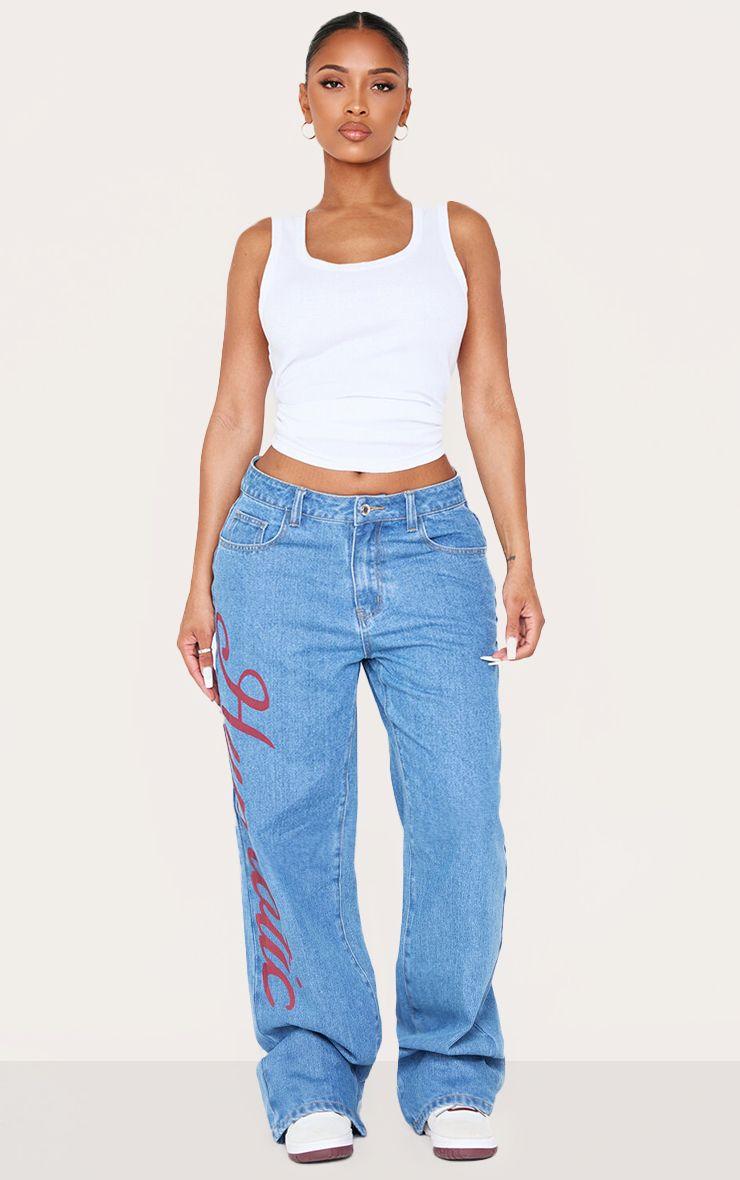 Shape  Low Rise Slogan Straight Leg Denim Jeans by PRETTYLITTLETHING
