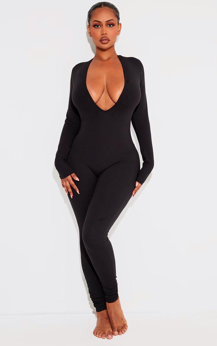 Shape  Sculpted Long Sleeve Plunge Front Jumpsuit by PRETTYLITTLETHING
