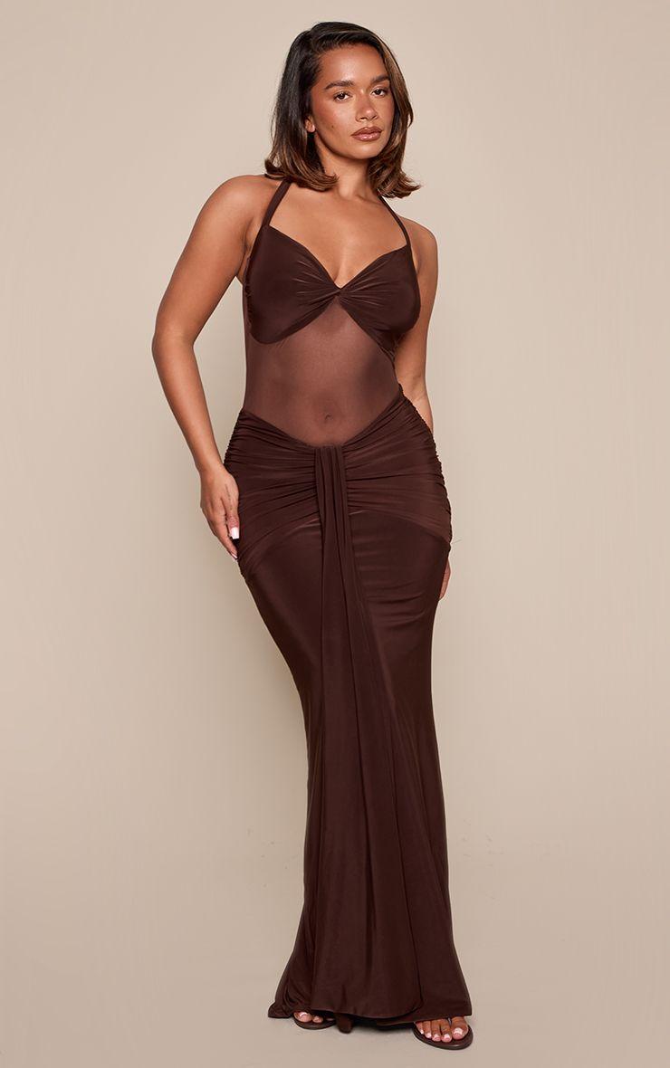 Shape  Slinky Mesh Panel Drape Detail Halterneck Maxi Dress by PRETTYLITTLETHING