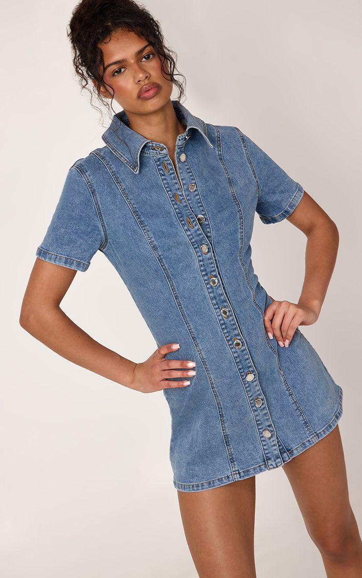 Short Sleeve Seam Detail Button Down Denim Mini Dress by PRETTYLITTLETHING