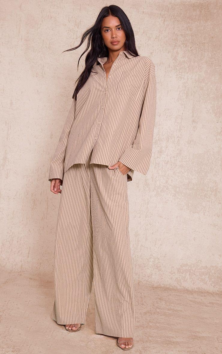 Stone Pinstripe Wide Leg Trouser by PRETTYLITTLETHING