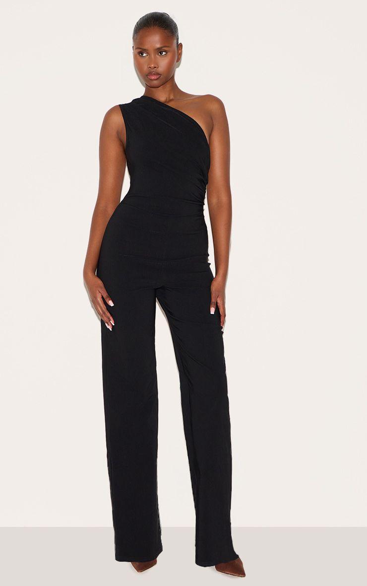 Stretch Woven One Shoulder Ruched Flared Jumpsuit by PRETTYLITTLETHING