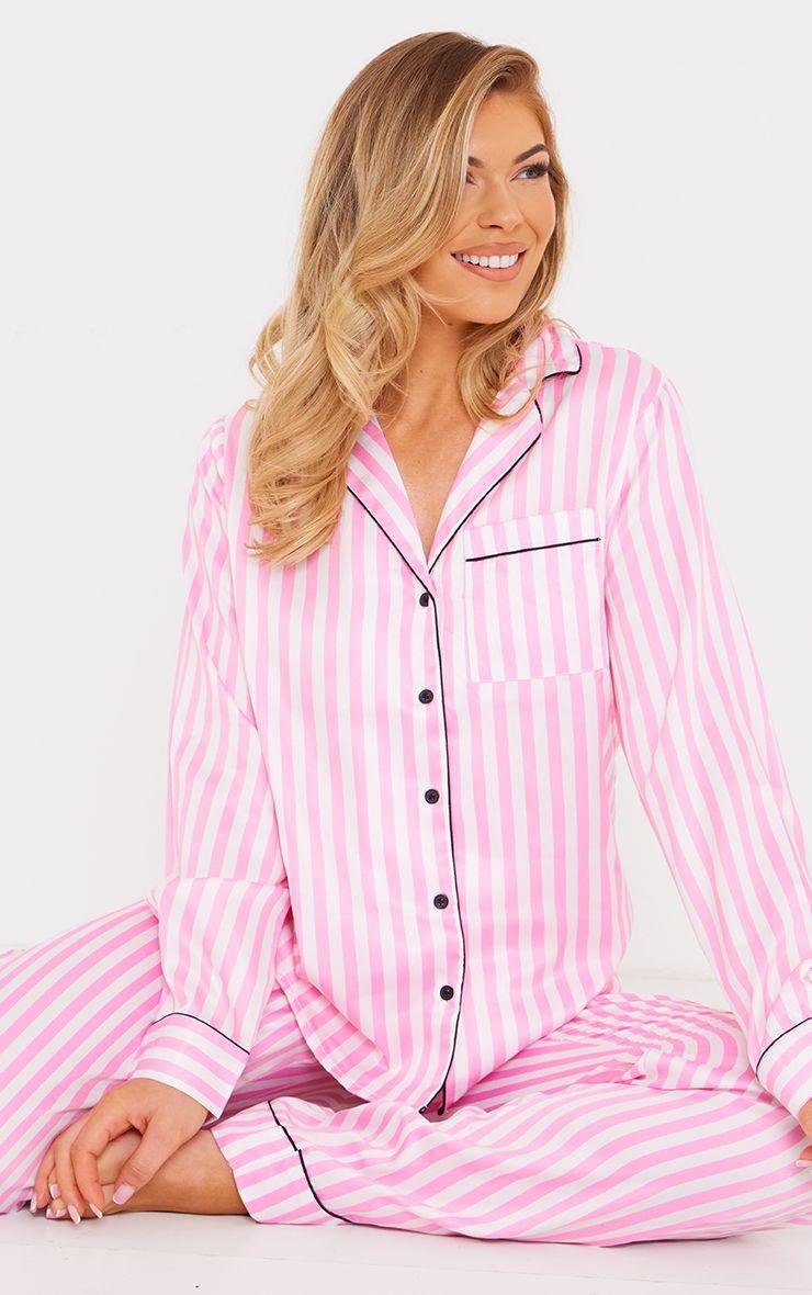 Stripe Print Contrast Piping Satin Long PJ Set by PRETTYLITTLETHING