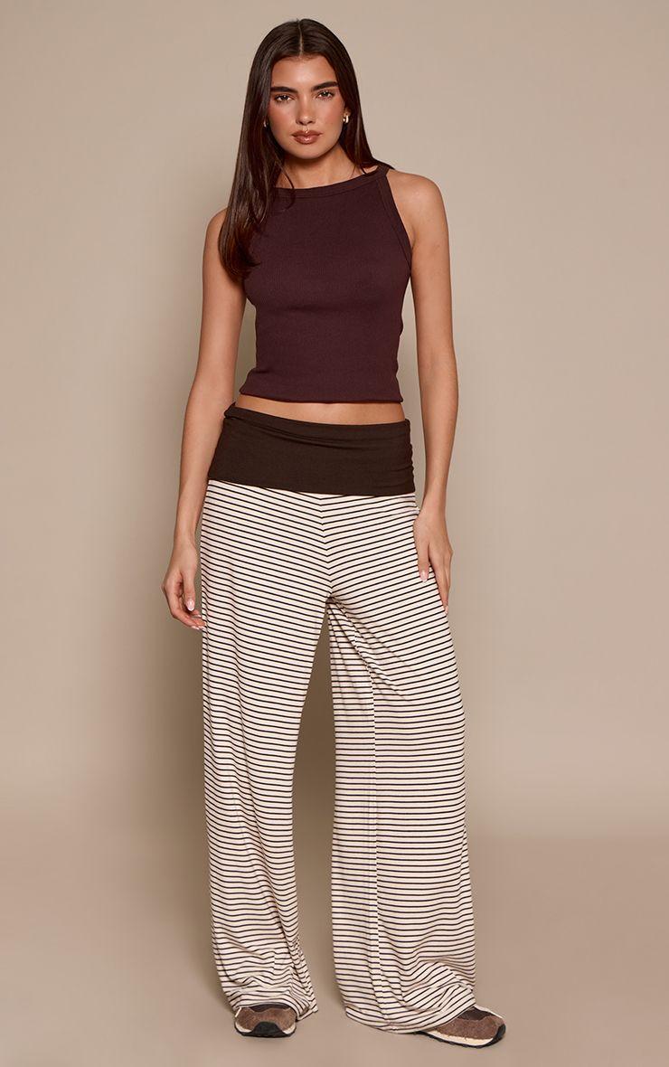 Striped Contrast Waistband Soft Jersey Wide Leg Trousers by PRETTYLITTLETHING