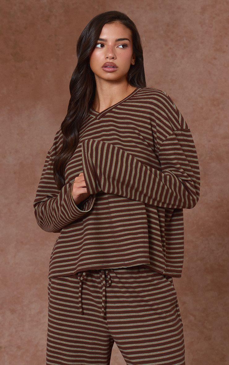 Striped Soft Fleece V Neck Sweatshirt by PRETTYLITTLETHING