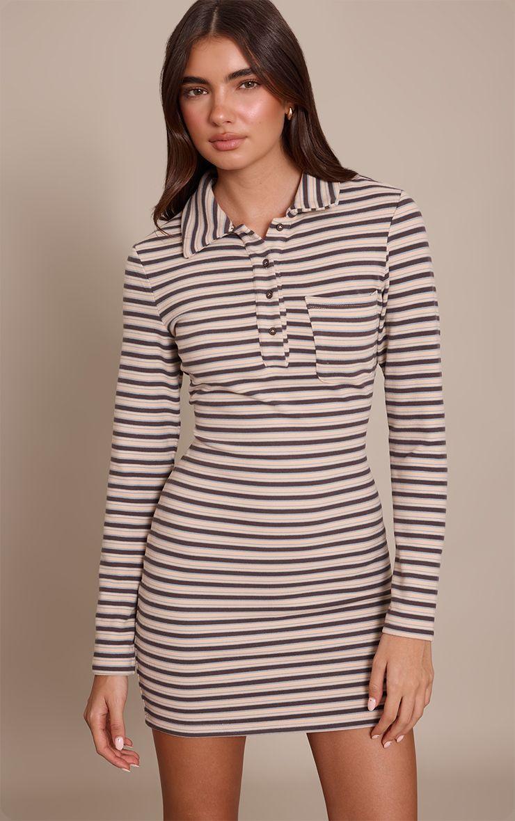 Striped Soft Touch Collar Long Sleeve Bodycon Dress by PRETTYLITTLETHING